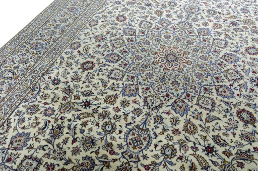 Backside of handmade New Kashan rug showing knot structure and weave density