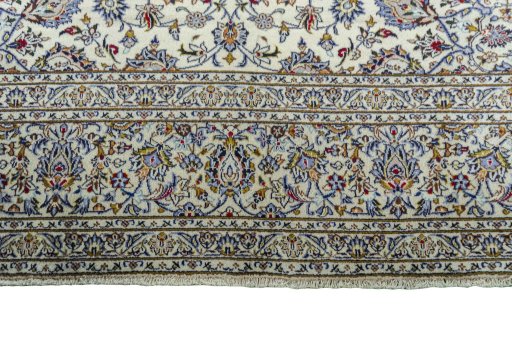 Full view of New Kashan rug from Iran / Persia, 395 × 295 cm in Beige tones