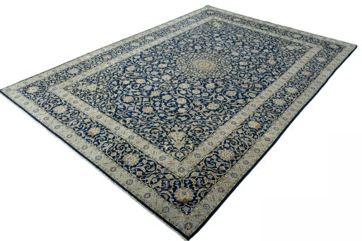 Corner detail of 2000s Kashan rug showing border pattern and Wool pile