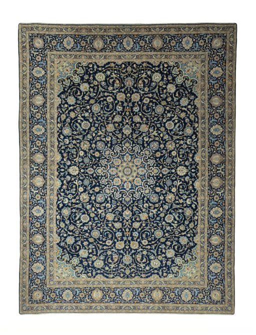 Full view of 2000s Kashan rug from Iran / Persia, 407 × 306 cm in Blue tones