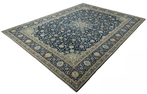 Corner detail of 2000s Kashan rug showing border pattern and Wool pile