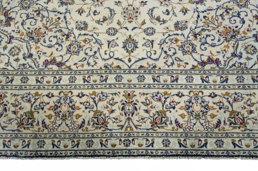 Full view of 2000s Kashan rug from Iran / Persia, 343 × 240 cm in Beige tones