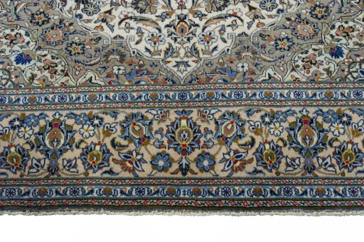 Full view of 2000s Kashan rug from Iran / Persia, 295 × 205 cm in Beige tones