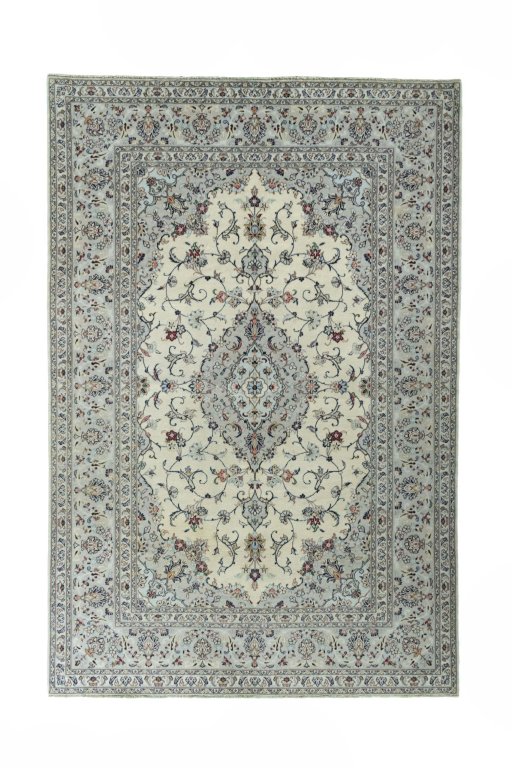Full view of New Kashan rug from Iran / Persia, 300 × 200 cm in Beige tones