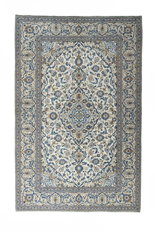 Full view of 2000s Kashan rug from Iran / Persia, 300 × 197 cm in Beige tones