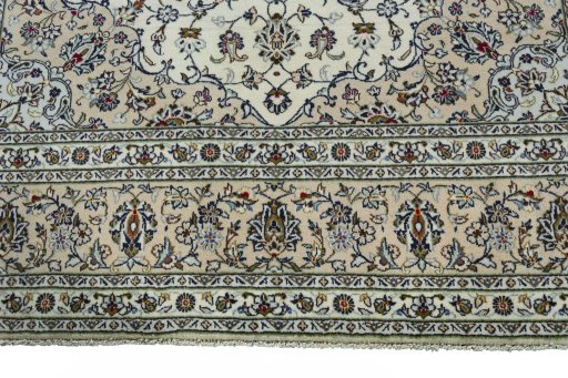 Full view of 2000s Kashan rug from Iran / Persia, 355 × 240 cm in Beige tones