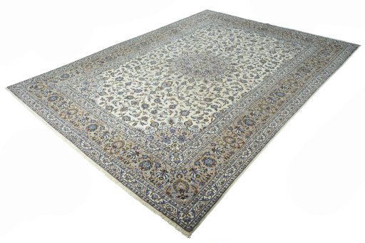 Corner detail of 2000s Kashan rug showing border pattern and Wool pile