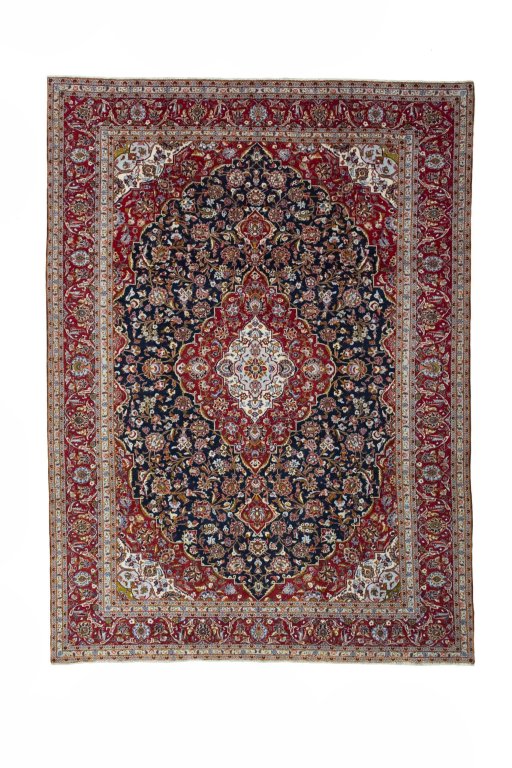 Full view of New Kashan rug from Iran / Persia, 340 × 247 cm in Blue tones