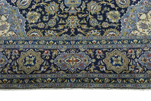 Full view of 2000s Kashan rug from Iran / Persia, 380 × 260 cm in Blue tones