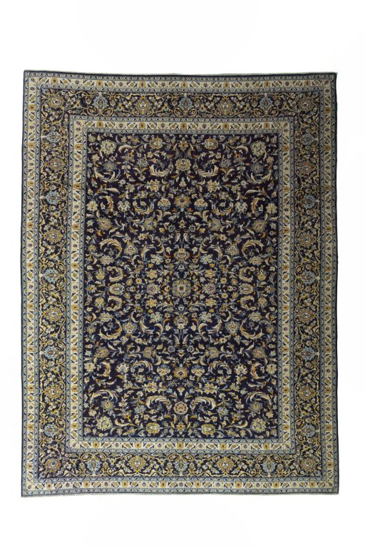 Full view of 2000s Kashan rug from Iran / Persia, 400 × 303 cm in Blue tones