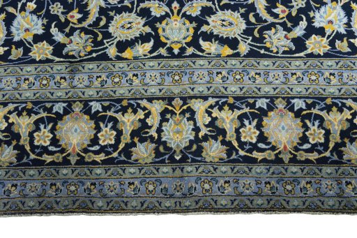 Full view of 2000s Kashan rug from Iran / Persia, 430 × 312 cm in Blue tones