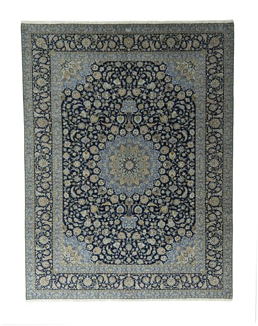 Full view of 2000s Kashan rug from Iran / Persia, 390 × 300 cm in Blue tones