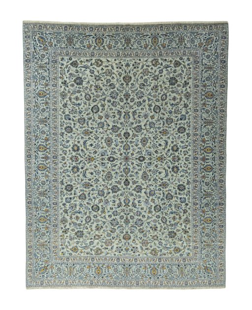 Full view of 2000s Kashan rug from Iran / Persia, 397 × 306 cm in Green tones