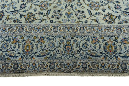 Full view of 2000s Kashan rug from Iran / Persia, 397 × 306 cm in Green tones