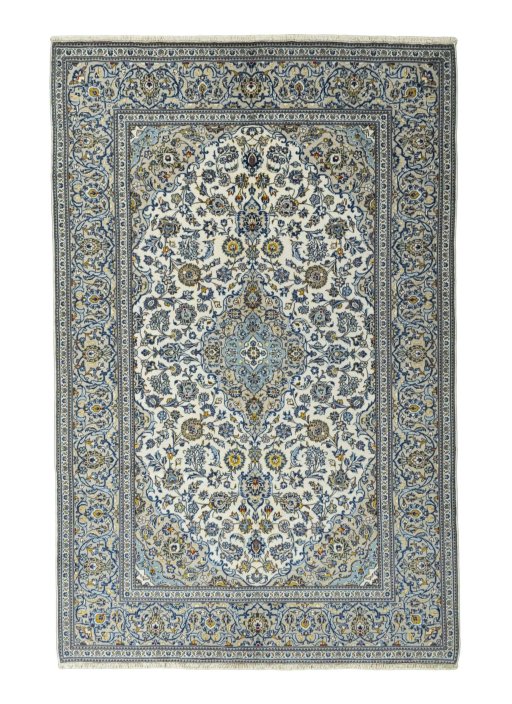 Full view of 2000s Kashan rug from Iran / Persia, 305 × 197 cm in Beige tones