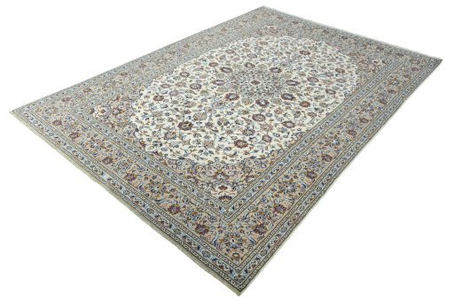 Corner detail of 2000s Kashan rug showing border pattern and Wool pile