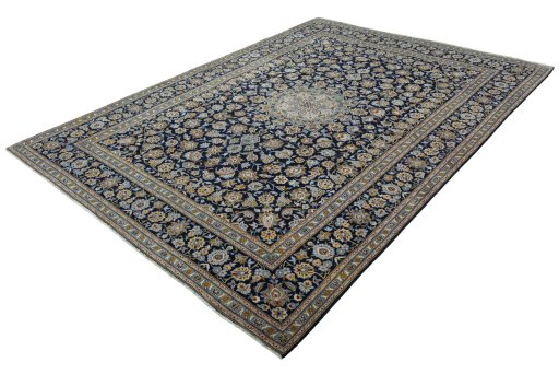 Corner detail of 2000s Kashan rug showing border pattern and Wool pile