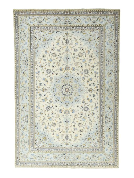 Full view of 2000s Kashan rug from Iran / Persia, 295 × 196 cm in Beige tones