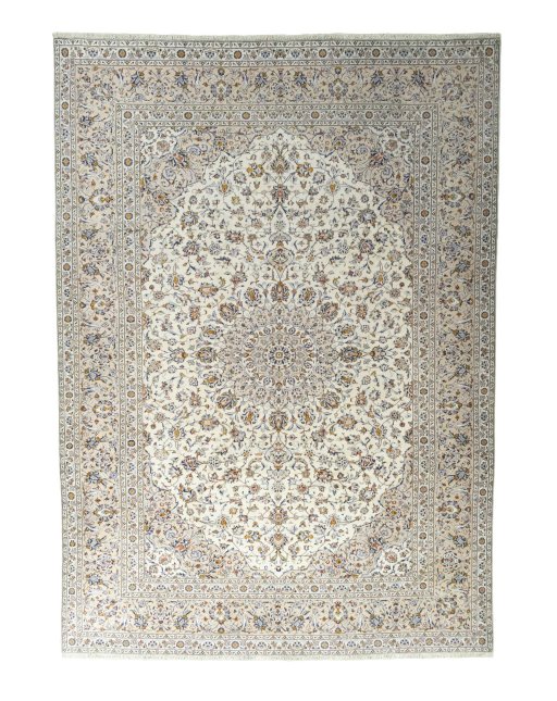 Full view of 2000s Kashan rug from Iran / Persia, 413 × 295 cm in Beige tones