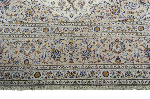 Full view of 2000s Kashan rug from Iran / Persia, 413 × 295 cm in Beige tones