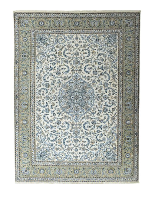 Full view of 2000s Kashan rug from Iran / Persia, 408 × 302 cm in Beige tones