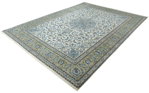 Corner detail of 2000s Kashan rug showing border pattern and Wool pile