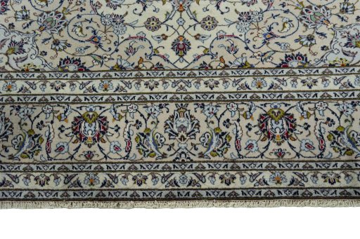 Full view of 2000s Kashan rug from Iran / Persia, 347 × 243 cm in Beige tones