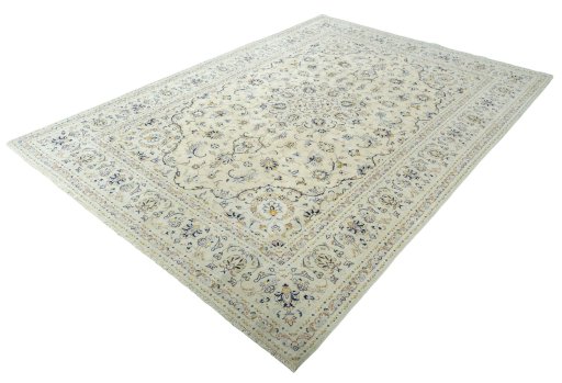 Corner detail of New Kashan rug showing border pattern and Wool pile