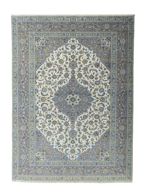Full view of 2000s Kashan rug from Iran / Persia, 415 × 305 cm in Beige tones