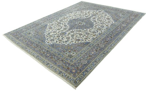 Corner detail of 2000s Kashan rug showing border pattern and Wool pile