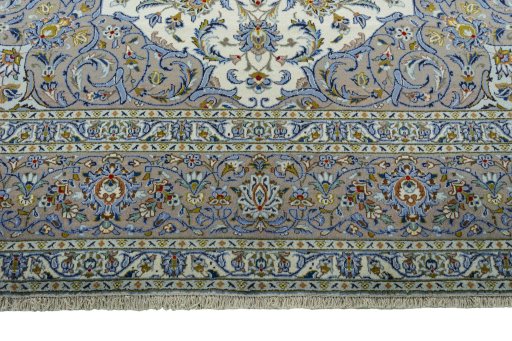 Full view of 2000s Kashan rug from Iran / Persia, 415 × 305 cm in Beige tones