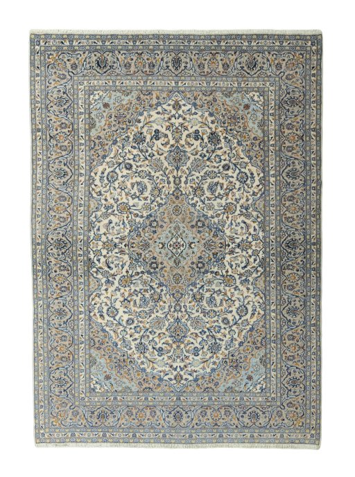 Full view of 2000s Kashan rug from Iran / Persia, 350 × 250 cm in Beige tones