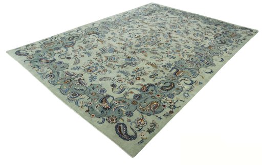 Corner detail of 2000s Kashan rug showing border pattern and Wool pile