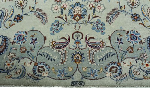 Full view of 2000s Kashan rug from Iran / Persia, 406 × 286 cm in Green tones