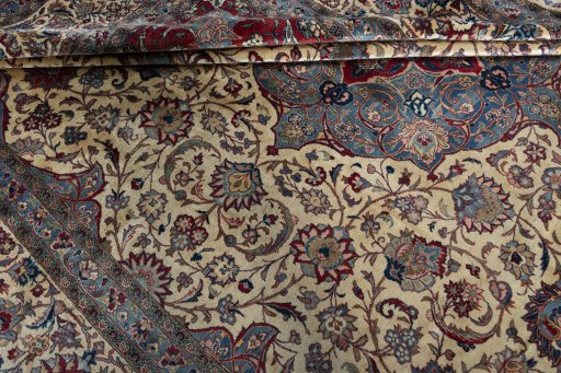 Close-up detail of 1930s Kashan rug from Iran / Persia showing Wool weave