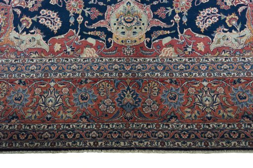 Full view of 1930s Kashan rug from Iran / Persia, 445 × 323 cm in Blue tones