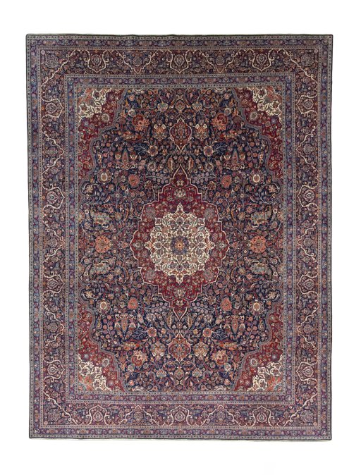 Full view of 1930s Kashan rug from Iran / Persia, 432 × 325 cm in Blue tones