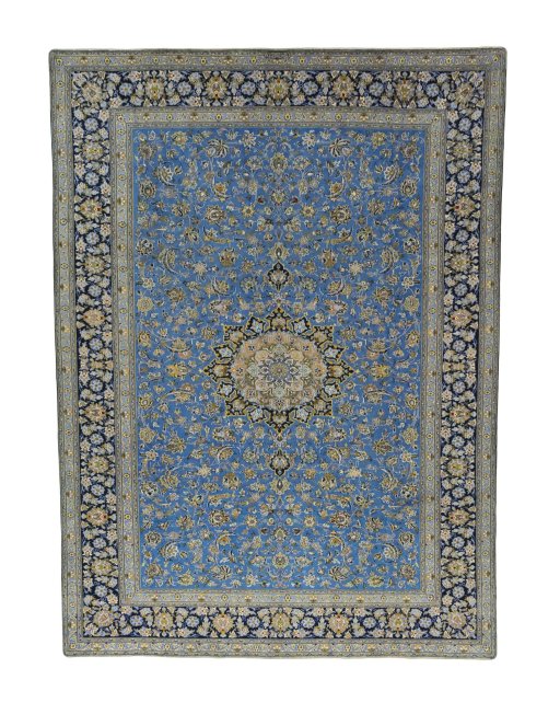 Full view of 2000s Kashan rug from Iran / Persia, 405 × 296 cm in Blue tones