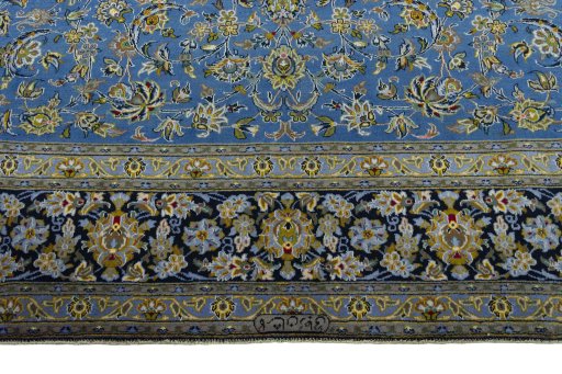 Full view of 2000s Kashan rug from Iran / Persia, 405 × 296 cm in Blue tones