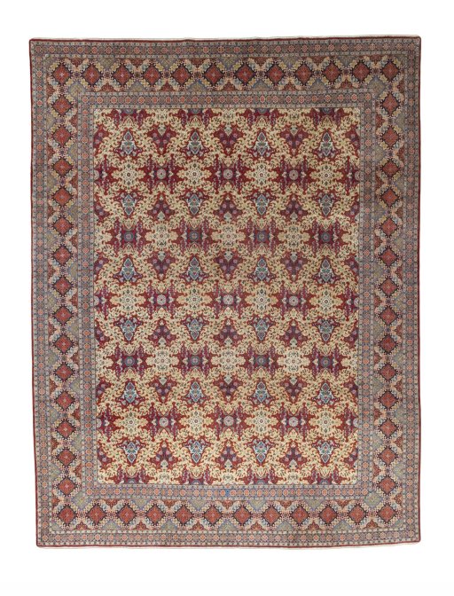 Full view of 1950s Kashan rug from Iran / Persia, 415 × 320 cm in Red tones