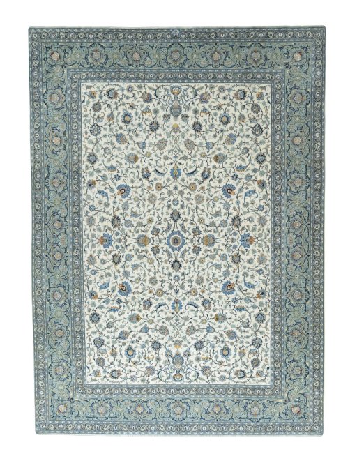Full view of 2000s Kashan rug from Iran / Persia, 422 × 305 cm in Beige tones