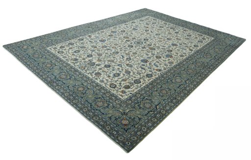 Corner detail of 2000s Kashan rug showing border pattern and Wool pile