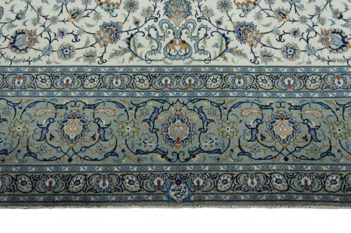 Full view of 2000s Kashan rug from Iran / Persia, 422 × 305 cm in Beige tones