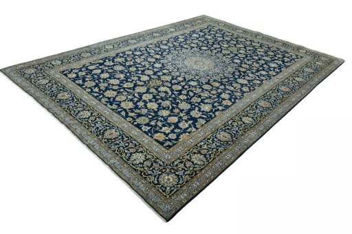 Corner detail of 2000s Kashan rug showing border pattern and Wool pile