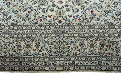 Full view of 2000s Kashan rug from Iran / Persia, 346 × 245 cm in Beige tones