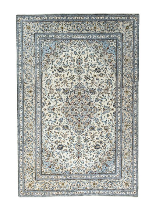 Full view of 2000s Kashan rug from Iran / Persia, 368 × 245 cm in Beige tones