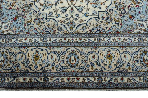 Full view of 2000s Kashan rug from Iran / Persia, 368 × 245 cm in Beige tones