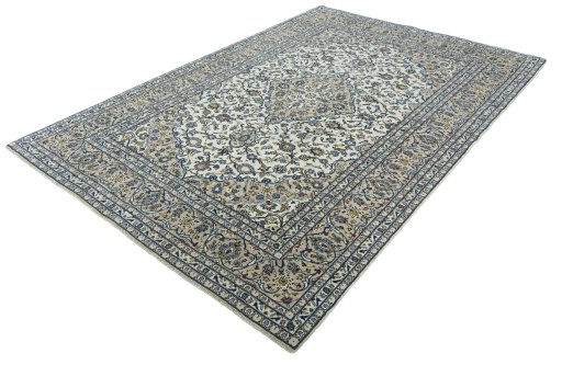 Corner detail of 2000s Kashan rug showing border pattern and Wool pile