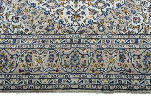 Full view of 2000s Kashan rug from Iran / Persia, 361 × 250 cm in Beige tones