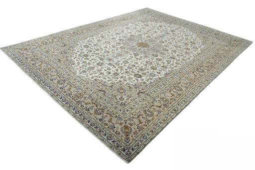 Corner detail of 2000s Kashan rug showing border pattern and Wool pile